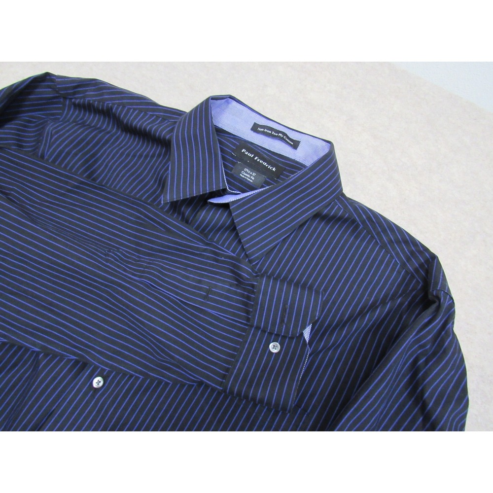 Paul Fredrick Mens Dress Shirt 17.5 x 37 Classic Fit Black Purp Striped Non-Iron